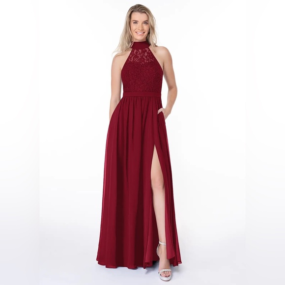 Azazie Dresses & Skirts - Burgundy High Neck Line Chiffon Bridesmaid Dress Azazie Keyhole Back w/ pockets